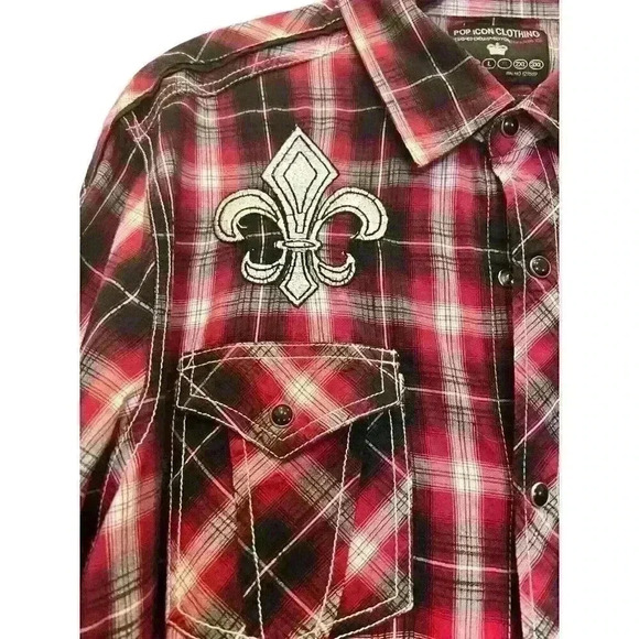 Pop Icon Clothing for Buckle XL Plaid Embroidered Fleur De Lis Pearl Snap Shirt - Picture 2 of 13
